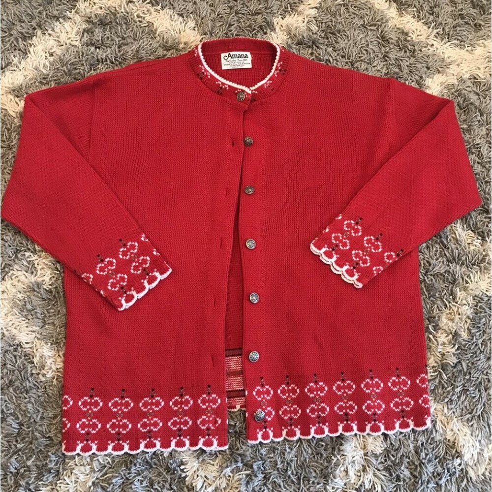 Vintage Amana Womens Red Cardigan Sweater Wool Mil